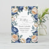 フランスブルーとアイボリーの水彩花の結婚式 招待状 (スタンド正面)