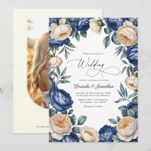 フランスブルーとアイボリーの水彩花の結婚式 招待状 (正面/裏面)