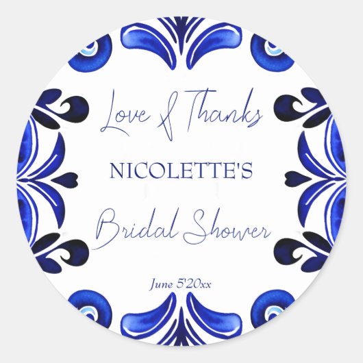 フランスブルーの地中海スタイルのタイル ウェディングシャワーのお favors ラウンドシール (正面)