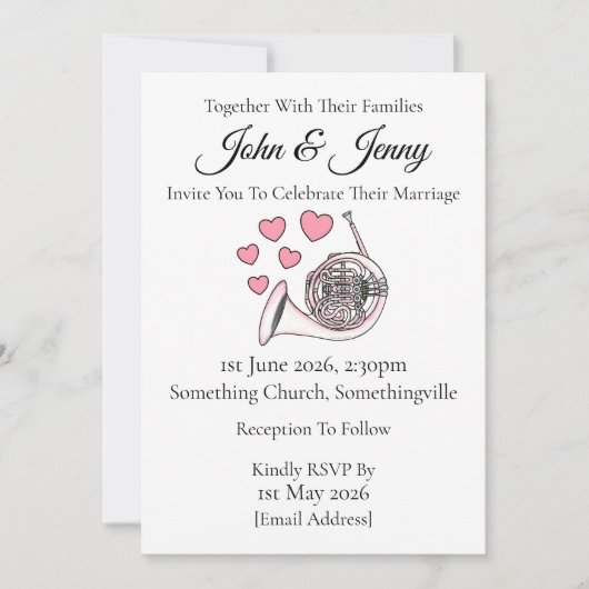 フランスホルンの結婚式招待状 ブラスミュージシャン 招待状 (正面)