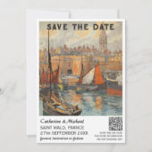 フランスヴィンテージウェディングトラベルポスタースタイルQRコード セーブザデート (正面)