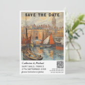 フランスヴィンテージウェディングトラベルポスタースタイルQRコード セーブザデート (スタンド正面)