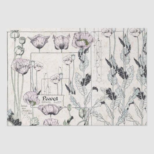 フランス人のアールヌーボーのケシのPavotの花のティッシュペーパー 薄葉紙 (正面)