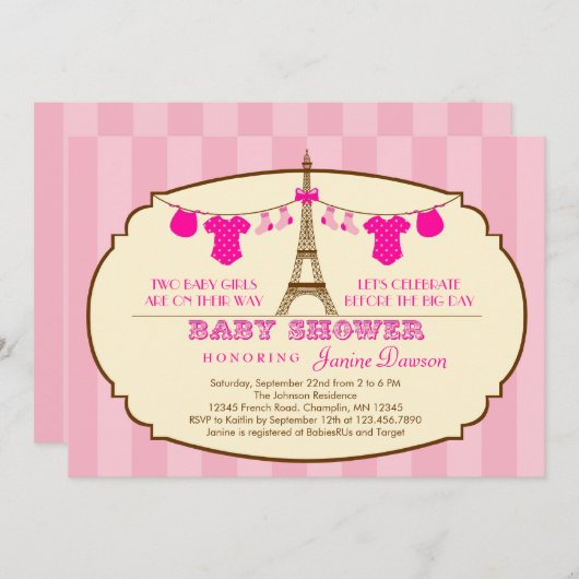 フランス人のエッフェル塔の双生児のベビーシャワーの招待状 招待状 (正面/裏面)