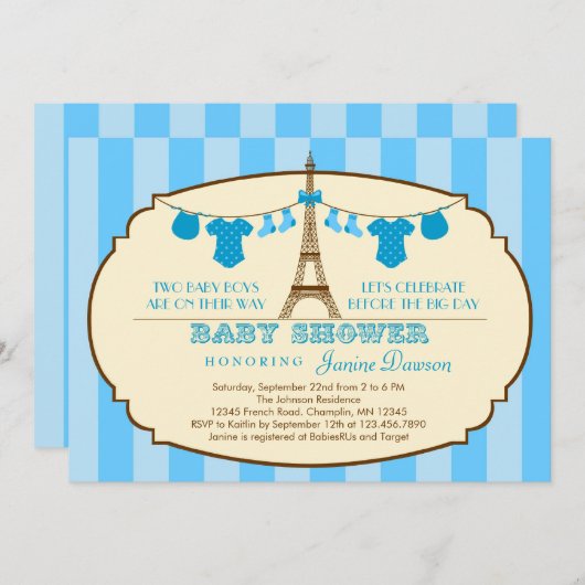 フランス人のエッフェル塔の双生児のベビーシャワーの招待状 招待状 (正面/裏面)