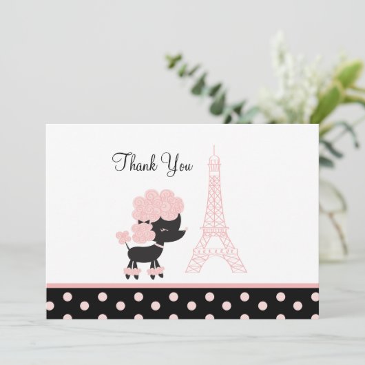 フランス人のパリのピンクのプードルの平らなカードはノート感謝していしています 招待状 (スタンド正面)