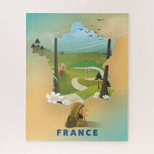 フランス地図ビンテージ旅行ポスター ジグソーパズル (縦)