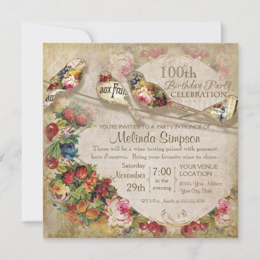 フランス市場モダンレトロ雑貨 鳥さんのお誕生日パーティー 招待状 (正面)