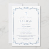 フランス産ブルー ヴィンテージ 洗礼 命名式 十字架 招待状 (正面)