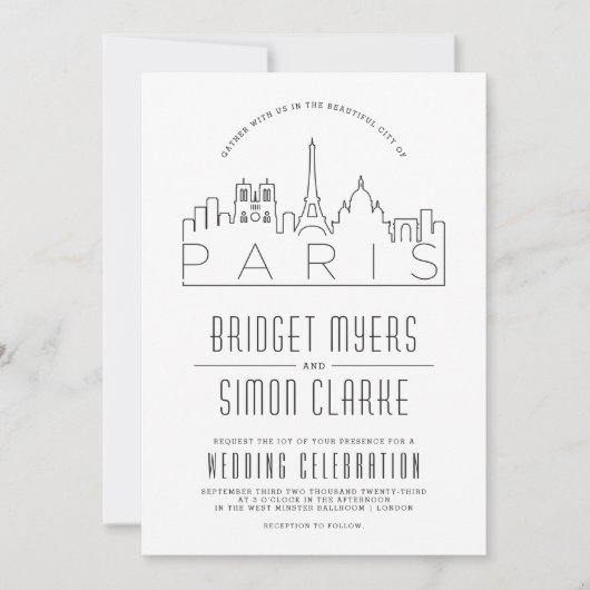 フランス結婚のパリ |スタイル化されたスカイライン招待状 招待状 (正面)