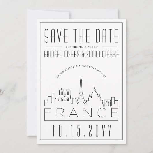 フランス結婚の |スタイル設定されたスカイライン日付を保存 招待状 (正面)