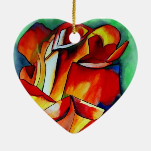 フランス自由の赤いバラの水彩画アート セラミックオーナメント (裏面)