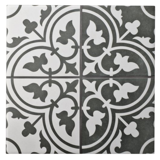 フランス製セラミックタイル - 黒と白のチューリップ タイル (正面)