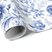 フランス製 ブルー ホワイト フローラル トワール ブライダルシャワー ギフト ラッピングペーパー (ロールコーナー)