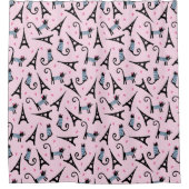 フランス語はエッフェル塔パターンを持つ服を着せられた猫のスタイルを作ります シャワーカーテン (正面)