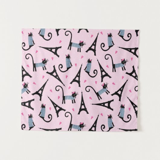 フランス語はエッフェル塔パターンを持つ服を着せられた猫のスタイルを作ります タペストリー (正面(横))