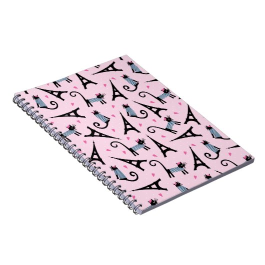 フランス語はエッフェル塔パターンを持つ服を着せられた猫のスタイルを作ります ノートブック (右側)