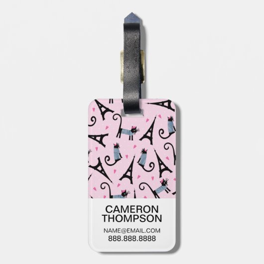 フランス語はエッフェル塔パターンを持つ服を着せられた猫のスタイルを作ります ラゲッジタグ (裏面縦)