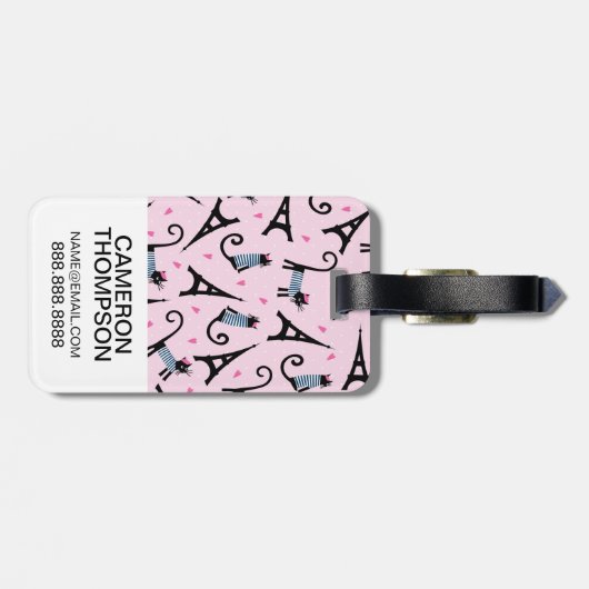 フランス語はエッフェル塔パターンを持つ服を着せられた猫のスタイルを作ります ラゲッジタグ (裏面横)