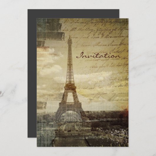 フランス語はヴィンテージのパリモダンなエッフェル塔の台本を書きます 招待状 (正面/裏面)