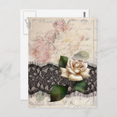 フランス語は黒いレースのビクトリアンな白いバラの台本を書きます ポストカード (正面/裏面)
