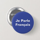 フランス語を話します 白地に青 缶バッジ (正面&裏面)