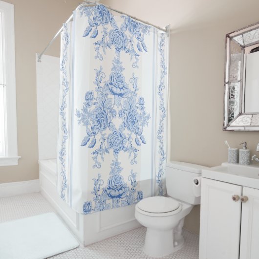 フランス語、ぼろぼろの上品、白いヴィンテージ、淡いブルーcountr シャワーカーテン (インサイチュ)