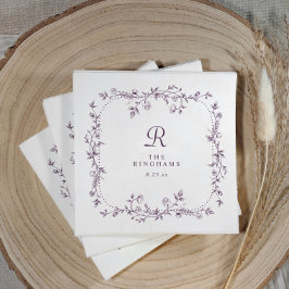 フランス風の花とナスの紫のモノグラムの結婚式 スタンダードカクテルナプキン
