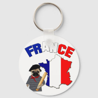 フランス – パグとバゲット – Keychain キーホルダー