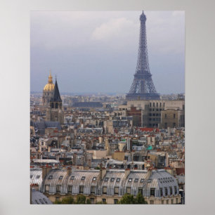 フランス、パリのエッフェル塔との都市景観 ポスター