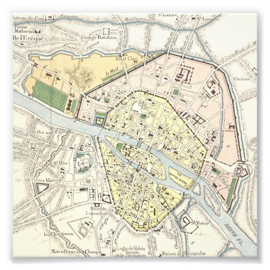 フランス，パリ：歴史，ヴィンテージの地図 フォトプリント            (正面)