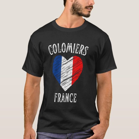 フランス フラッグ ハート コロミエ 市 Tシャツ (正面)