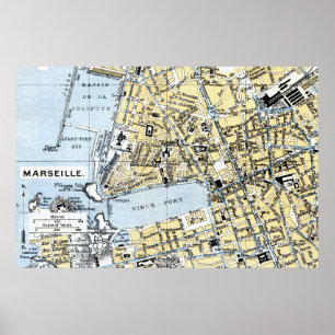 フランス，マルセイユヴィンテージの地図 ポスター