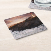 フランス、夜明け時灯台 スクエアペーパーコースター (アングル)