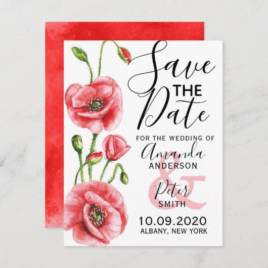 フランダースのケシのエレガントな水彩画の結婚式 セーブザデート (正面/裏面)