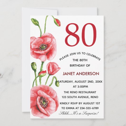 フランダースのケシの水彩画の第80誕生会 招待状 (正面)