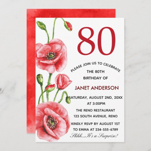 フランダースのケシの水彩画の第80誕生会 招待状 (正面/裏面)