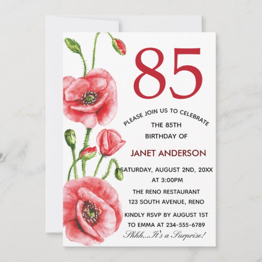 フランダースのケシの水彩画の85th誕生会 招待状 (正面)
