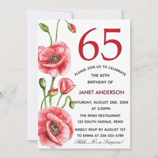フランダース·ポピー·ウォーターカラー第65回誕生日パーティー 招待状 (正面)
