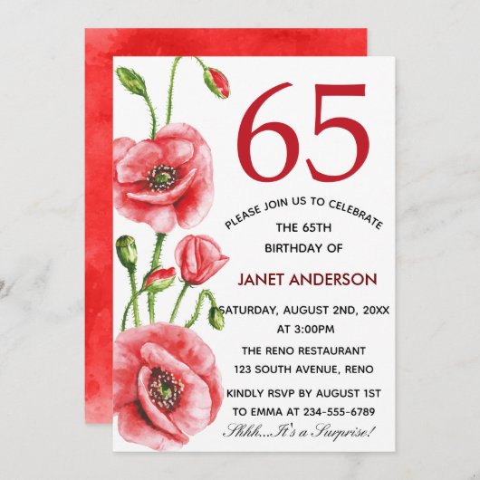 フランダース·ポピー·ウォーターカラー第65回誕生日パーティー 招待状 (正面/裏面)