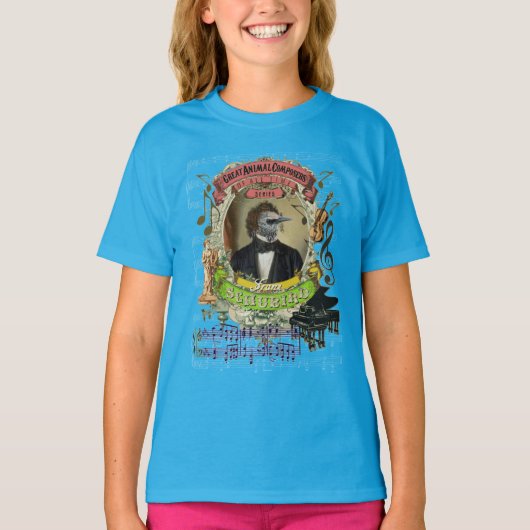 フランツSchubird動物作曲家のSchubertのパロディ Tシャツ (正面)