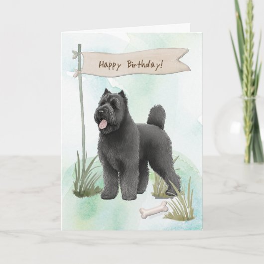 フランドル地方原産のブービエ犬の誕生日サイン カード (正面)