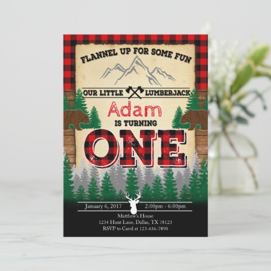 フランネルの樵の誕生日のパーティの招待状 招待状 (スタンド正面)