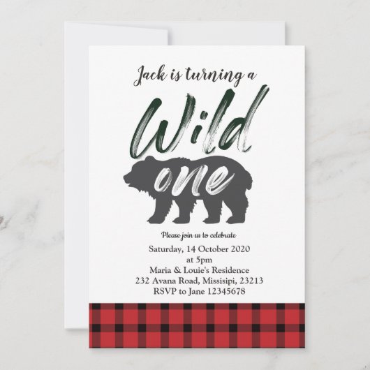 フランネルの野生の1枚の最初誕生日の招待カード 招待状 (正面)