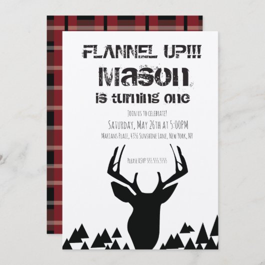 フランネルアッププレイドクリスマスディアバースデーパーティー 招待状 (正面/裏面)