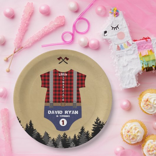 フランネルアップベビースーツランバージャックファースト誕生日 ペーパープレート (パーティー)