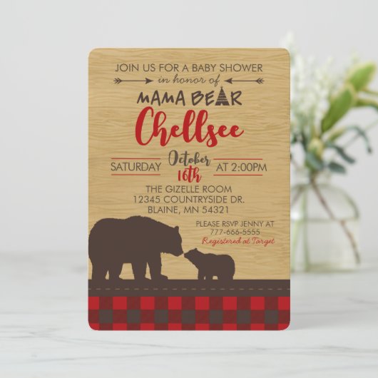 フランネルアンドウッドマママベアベビーシャワー招待状 招待状 (スタンド正面)