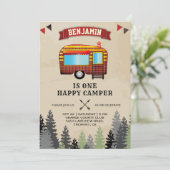 フランネル素朴ワンハッピーキャンパー1歳の誕生日パーティー 招待状 (スタンド正面)