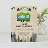 フランネル素朴ワンハッピーキャンパー1歳の誕生日パーティー 招待状 (スタンド正面)