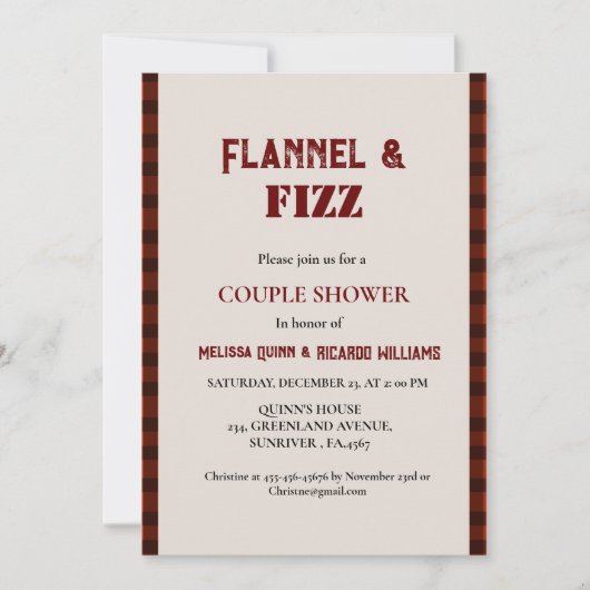 フランネル&ファイズ冬の赤と黒カップルのシャワー 招待状 (正面)
